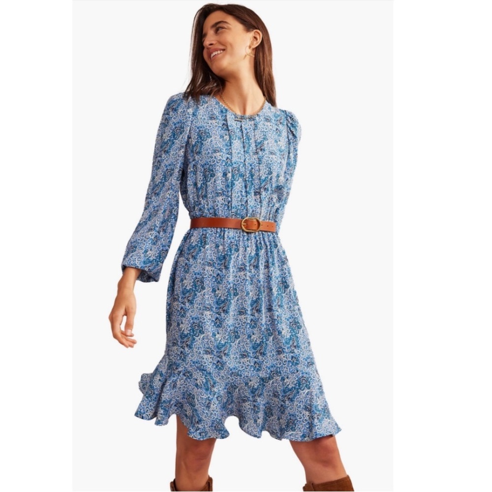 Boden Teal Botanic Terrace Print Pleated Long Sleeve Dress Size 16 - 18